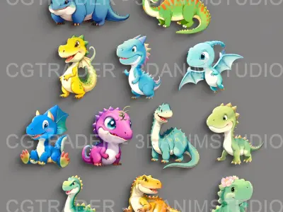 Dinosaur Cartoon Acrylic Charms  - 3D Models - Low-poly  Low-poly 3D model