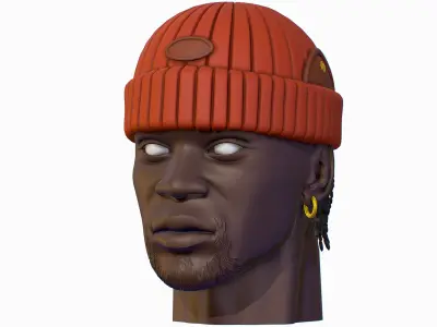 High Poly Male African American Head Warm Hat Low-poly 3D model