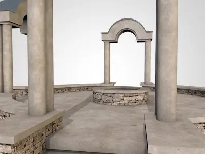 Pavilion circular stone structure on grassy field Low-poly 3D model