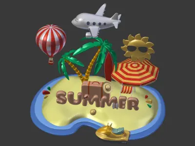Cartoon Summer Collection - Beach Parasol Beach Jetski Plane Low-poly 3D model
