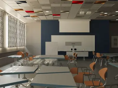 Colorful Dynamic Learning Classroom with animated roller shades 3D model