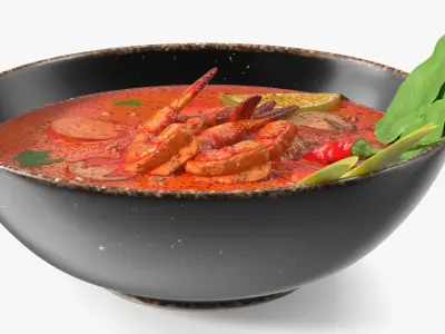 Spicy Tom Yum Soup with Shrimp and Bok Choy Leaves 3D model