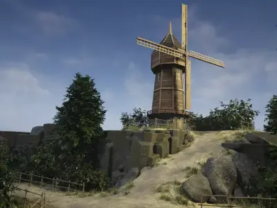 Windmill wooden fence Low-poly 3D model