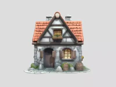 Wood and Stone House 3D Model PBR Textured Game Ready Low-poly 3D model