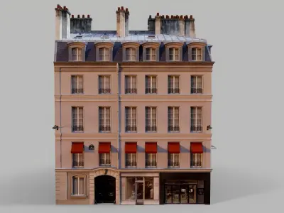 Parisian building with awnings Low-poly 3D model