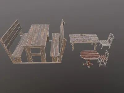 Medieval tables Medieval chairs Low-poly 3D model