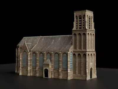 Old town Medieval church Low-poly 3D model