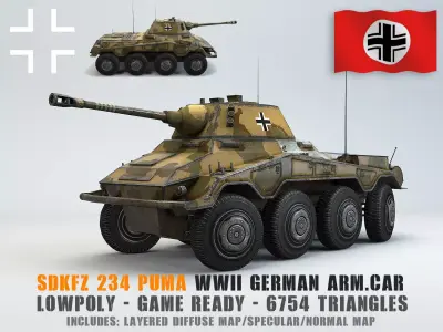 Low Poly SdKfz 234 2 Puma Armored Car Low-poly 3D model