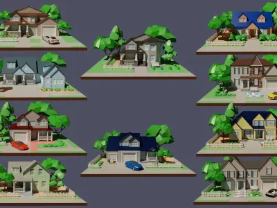 Cartoon private  houses Low-poly 3D model