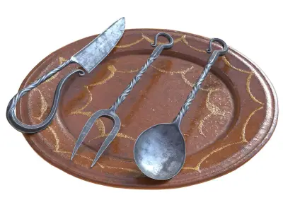 Medival Cuttlery with Plate - Highpoly - 3ds Max and Vray ready 3D model