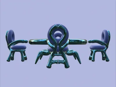 Futuristic Blue Dining Table Set with Unique Organic Chairs 3D model