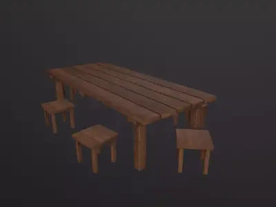Wooden Tavern Table and Chairs 3D Model Low-poly 3D model