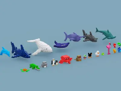 Voxel Sea Animals Low-poly 3D model