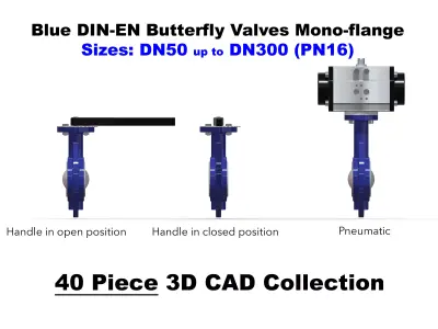 DIN-EN Butterfly Valves - Mono-flange - Blue 3D model
