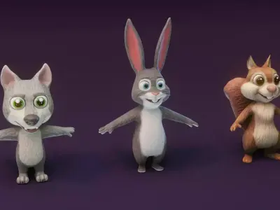 Cartoon Animated Wolf Rabbit and Squirrel Low poly 3D Model Free 3D model