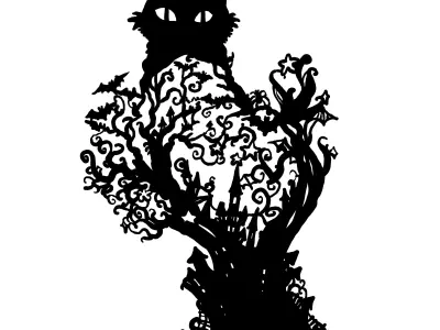 Halloween Cat Diorama with castle bat stars tree spooky vibes 3D print model