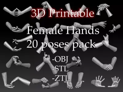 3D Printable Female Hands 20 poses pack 3D model