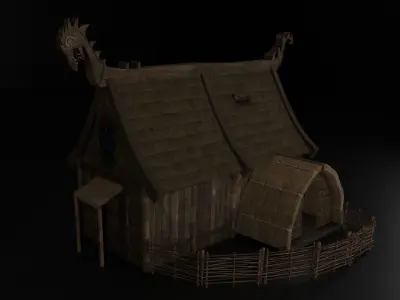 Viking House with Thatch Shack with interior and wooden fence Low-poly 3D model