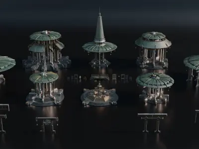 Sacred Temples Asian Styled Buildings and Assets 3D Kit 3D model