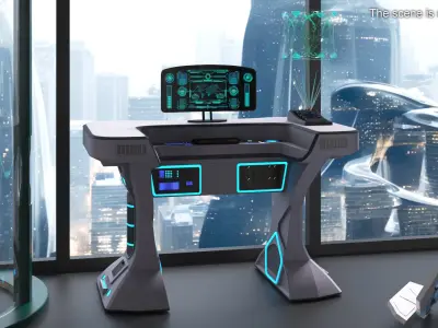 Futuristic Control Station Desk with Hologram 3D model