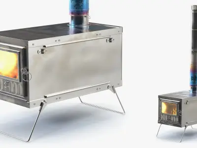 Stainless Steel Tent Stove with Visible Fire Inside 3D model