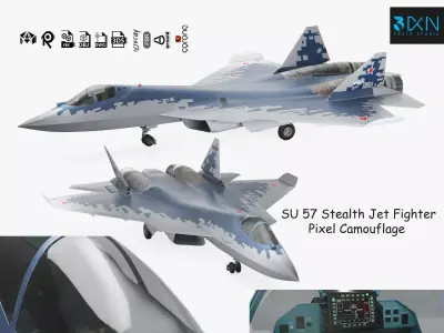 SU 57 Stealth Jet Fighter Pixel Camouflage 3D model