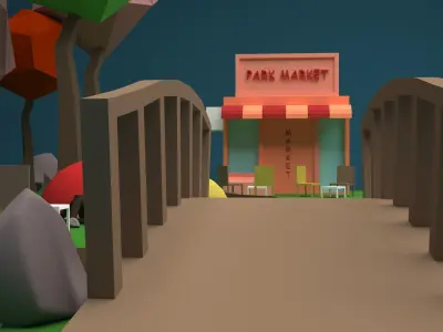 Camp Low-Poly 3D Model town with trees and river Low-poly 3D model