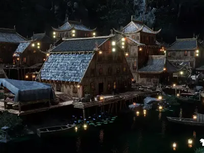 Chinese Lakeside Town Environment Low-poly 3D model