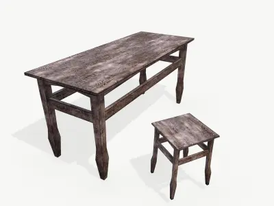 Old wooden tables and chairs Free low-poly 3D model