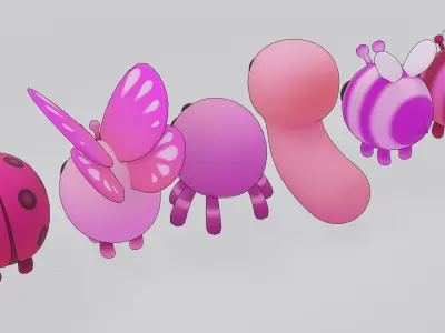 Cute Pink Bug Pack Low-poly 3D model