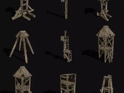 ALARM BELL TOWER CAMP ALERT MILITARY SIGNAL BANDIT COLLECTION Low-poly 3D model