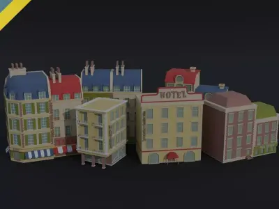 Cartoon renaissance city buildings Polygonal Style Low-poly 3D model