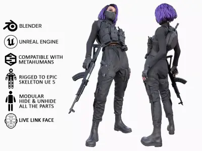 Realistic 3D model of Man - Military Woman - Modular - Rigged  Low-poly 3D model