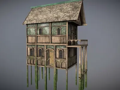 Medieval Lake Village - House 2 with interiors Low-poly 3D model