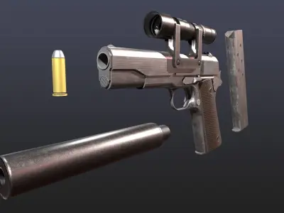 WW2 Colt M1911 Pistol With Attachments and Animations Low-poly 3D model