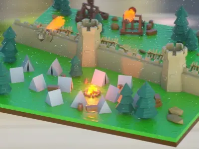 Isometric low-poly medieval castle wall Low-poly 3D model