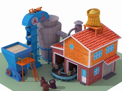 Lowpoly Flour Factory for game Free low-poly 3D model