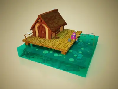 fishing and wooden cabin voxel art 3D model