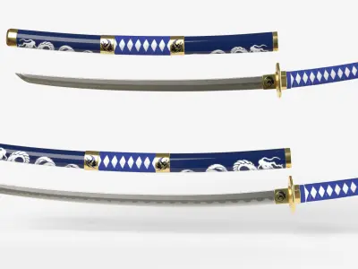 Blue Double Bladed Katana Wakizashi and Stand 3D model