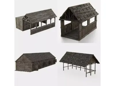 Old Wooden Medieval Building Sheds 3D Model Collection