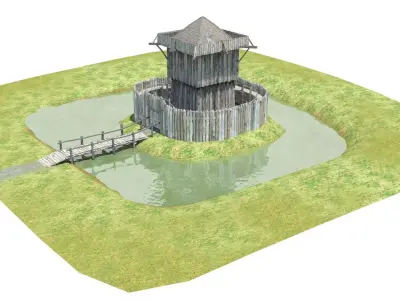 Medieval wooden motte castle with keep and ditch Low-poly 3D model