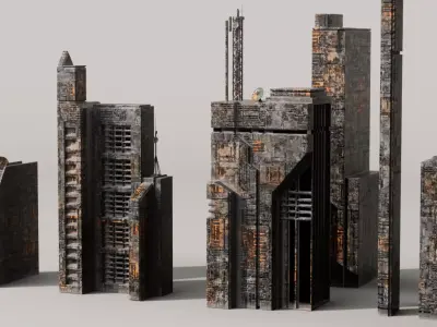 Sci-Fi building skyscrapers pack Low-poly 3D model