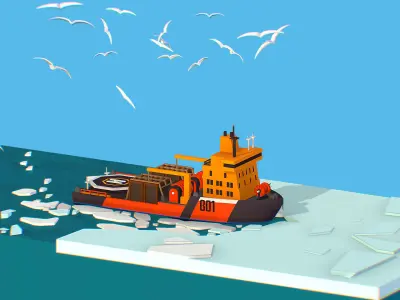 Isometric Boat breaking Ice North pole sea Icebreaker  Low-poly 3D model