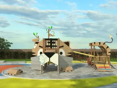 Kids outdoor tiger playset wood commercial play structure 3D model