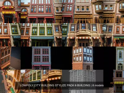 LOWPOLY CITY BUILDING STYLIZE PACK 8 BUILDING 3D Model Collection
