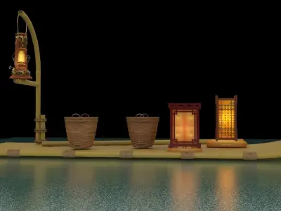 Chinese fishing raft wirh oil lantern  3D model