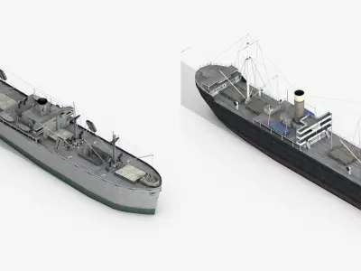 Old Retro Motor Ship Cargo and Military 3D Models Low-poly 3D model