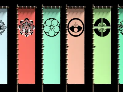 Japanese Battle Flags Pack 2 Styles over 400 Crests HQ War Low-poly 3D model