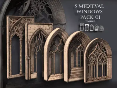 05 Medieval Textured windows pack 01 Low-poly 3D model