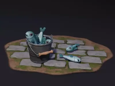 Fishing Equipment - Fishing Rod - Metal Bucket - Stylized PBR  Low-poly 3D model